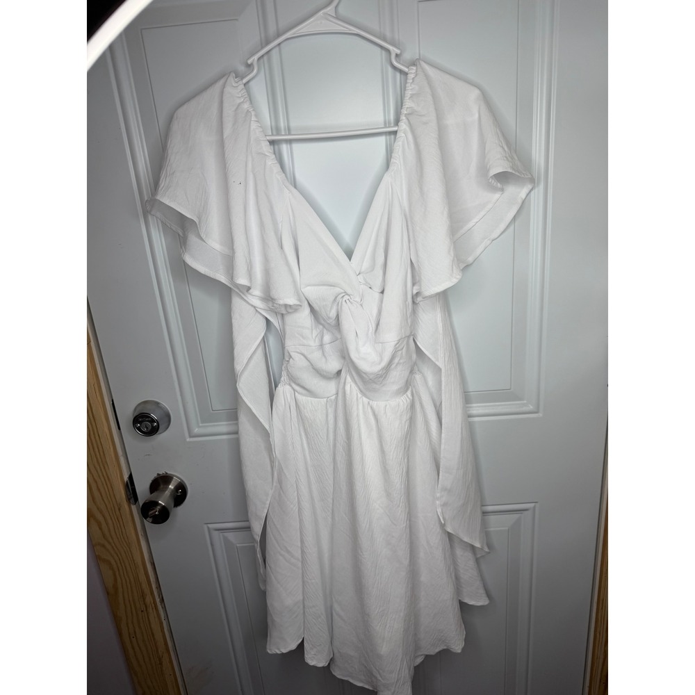 White Twist Front Cutout Back Mini Dress Short Flutter Sleeve Summer Bridal Med
